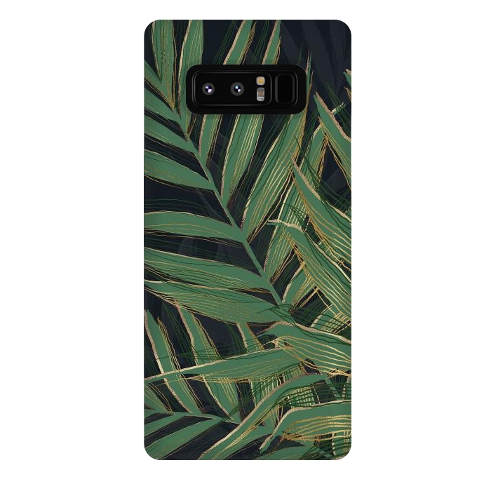 Galaxy Note 8 StrongFit Trendy Green Palm Leaves Gold Strokes Gray Design by InovArts