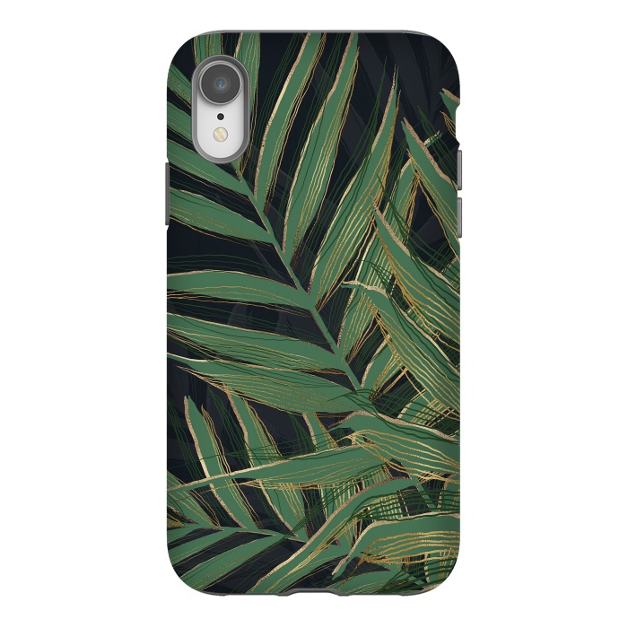 iPhone Xr StrongFit Trendy Green Palm Leaves Gold Strokes Gray Design by InovArts