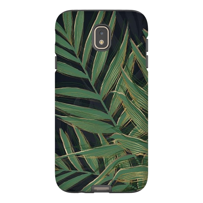 Galaxy J7 StrongFit Trendy Green Palm Leaves Gold Strokes Gray Design by InovArts