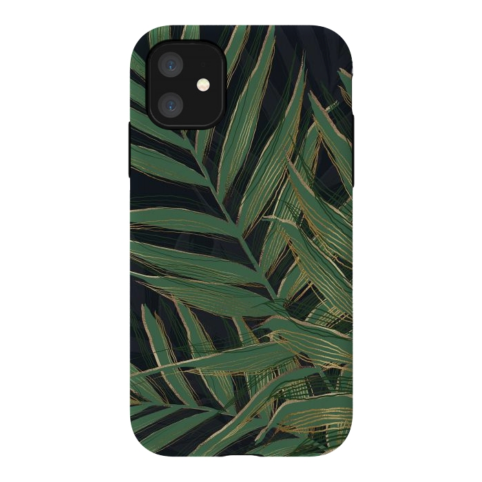 iPhone 11 StrongFit Trendy Green Palm Leaves Gold Strokes Gray Design by InovArts