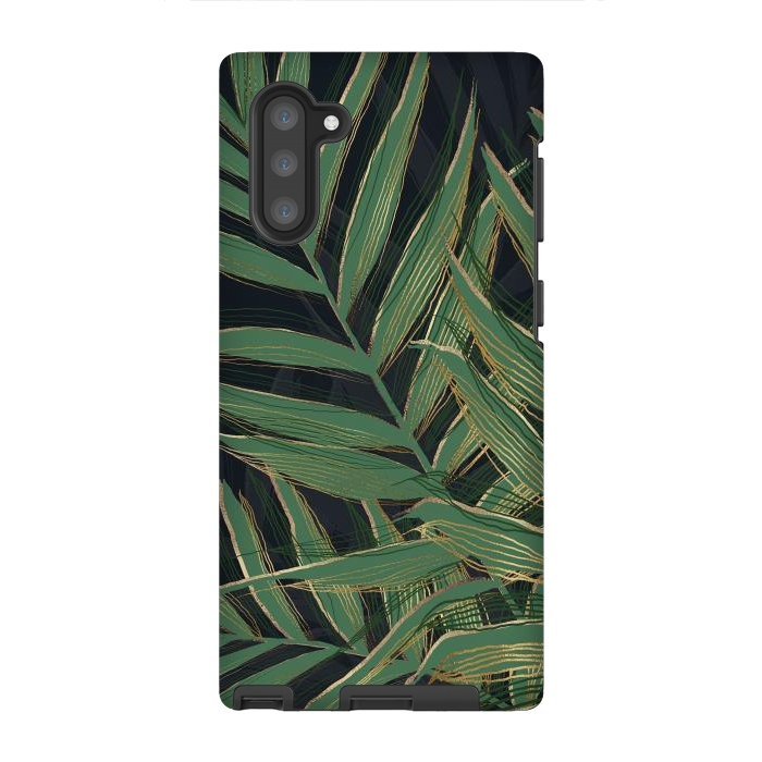 Galaxy Note 10 StrongFit Trendy Green Palm Leaves Gold Strokes Gray Design by InovArts
