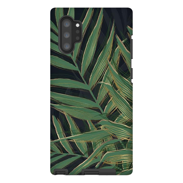 Galaxy Note 10 plus StrongFit Trendy Green Palm Leaves Gold Strokes Gray Design by InovArts