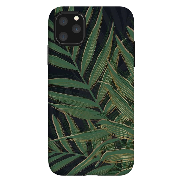 iPhone 11 Pro Max StrongFit Trendy Green Palm Leaves Gold Strokes Gray Design by InovArts