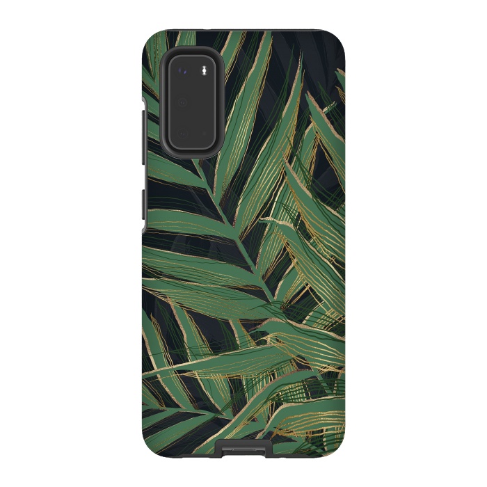 Galaxy S20 StrongFit Trendy Green Palm Leaves Gold Strokes Gray Design by InovArts