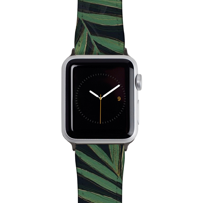 Watch 42mm / 44mm Strap PU leather Trendy Green Palm Leaves Gold Strokes Gray Design by InovArts