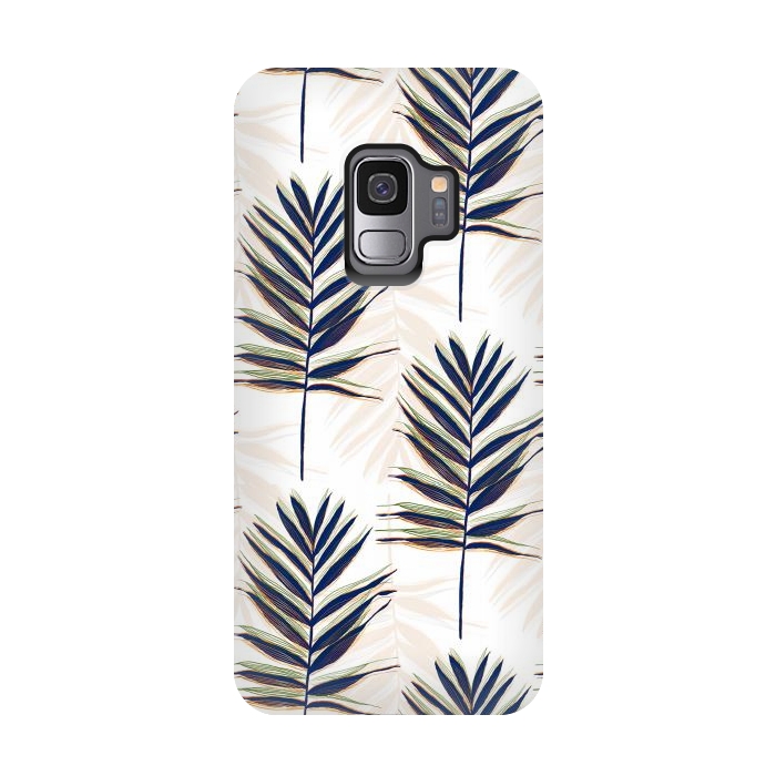 Galaxy S9 StrongFit Modern Blue Palm Leaves Gold Strokes White Design by InovArts