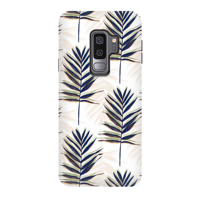 Galaxy S9 plus StrongFit Modern Blue Palm Leaves Gold Strokes White Design by InovArts