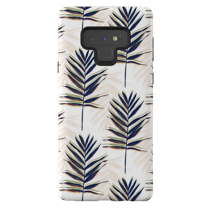 Galaxy Note 9 StrongFit Modern Blue Palm Leaves Gold Strokes White Design by InovArts