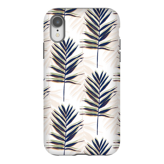 iPhone Xr StrongFit Modern Blue Palm Leaves Gold Strokes White Design by InovArts