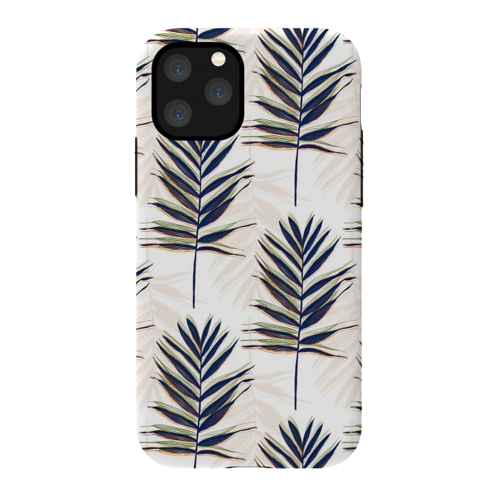 iPhone 11 Pro StrongFit Modern Blue Palm Leaves Gold Strokes White Design by InovArts