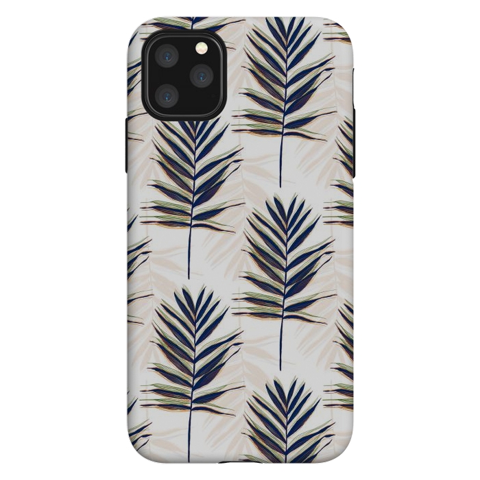 iPhone 11 Pro Max StrongFit Modern Blue Palm Leaves Gold Strokes White Design by InovArts