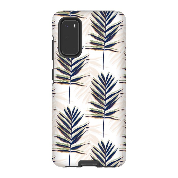 Galaxy S20 StrongFit Modern Blue Palm Leaves Gold Strokes White Design by InovArts