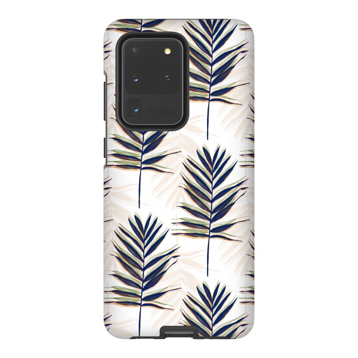 Galaxy S20 Ultra StrongFit Modern Blue Palm Leaves Gold Strokes White Design by InovArts