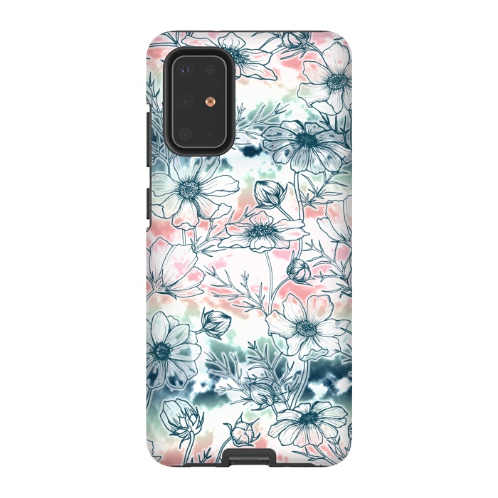 Galaxy S20 Plus StrongFit Fields of Cosmos in Coral, Mint and Navy Tied Dye by gingerlique
