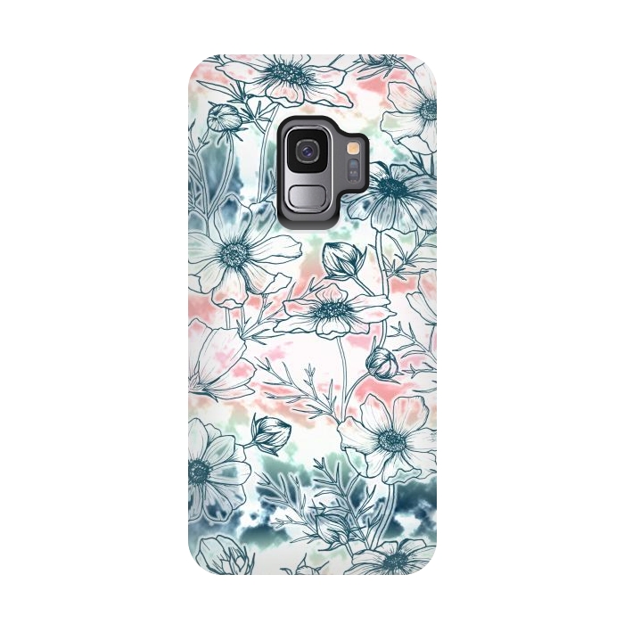Galaxy S9 StrongFit Fields of Cosmos in Coral, Mint and Navy Tied Dye by gingerlique