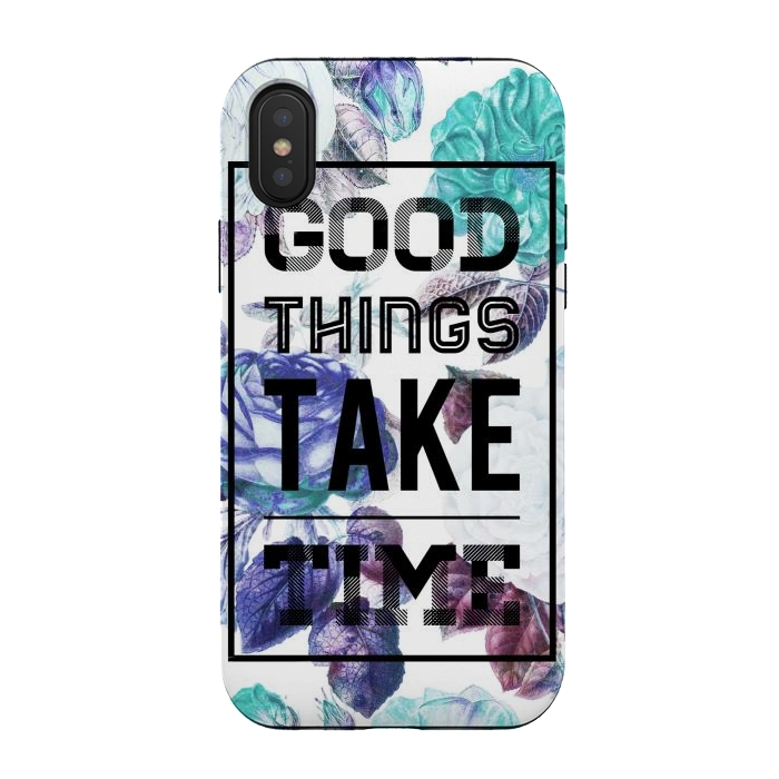 iPhone Xs / X StrongFit Good things take time motivational typography vintage blue roses by Oana 