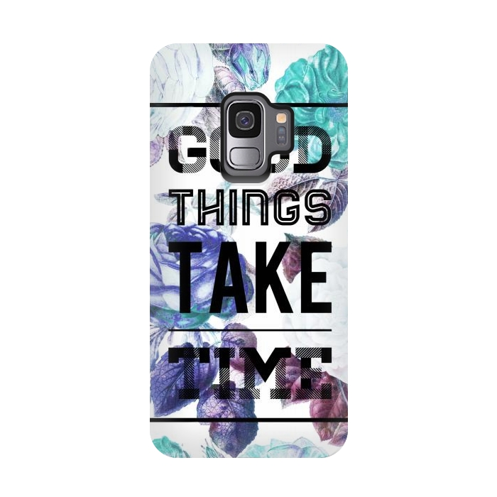 Galaxy S9 StrongFit Good things take time motivational typography vintage blue roses by Oana 