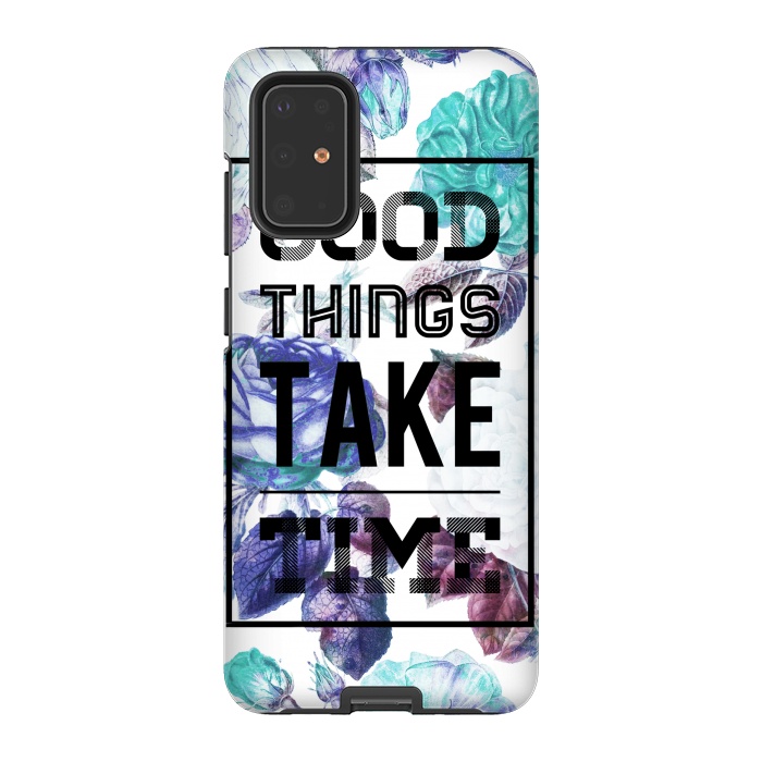 Galaxy S20 Plus StrongFit Good things take time motivational typography vintage blue roses by Oana 