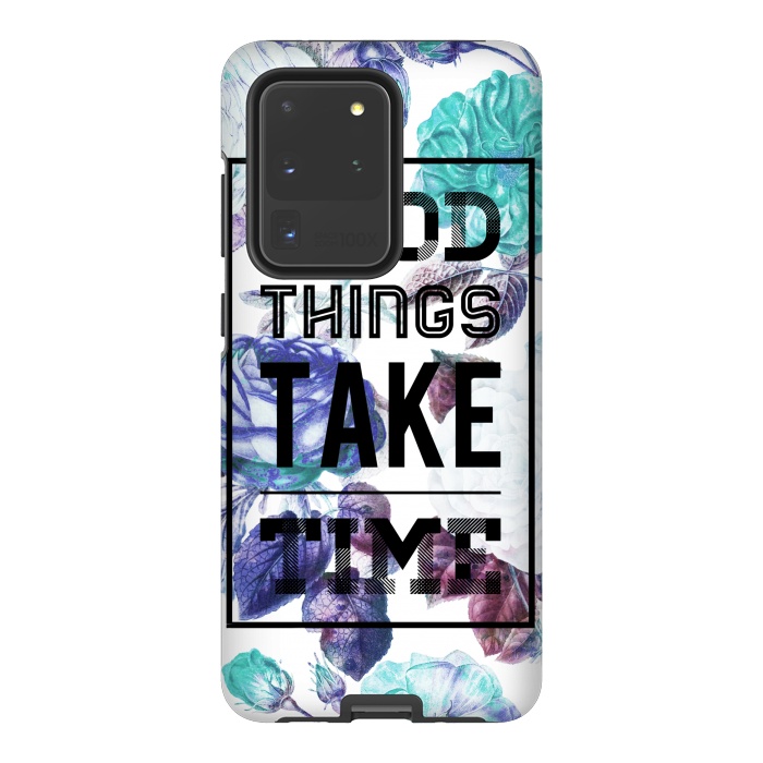 Galaxy S20 Ultra StrongFit Good things take time motivational typography vintage blue roses by Oana 