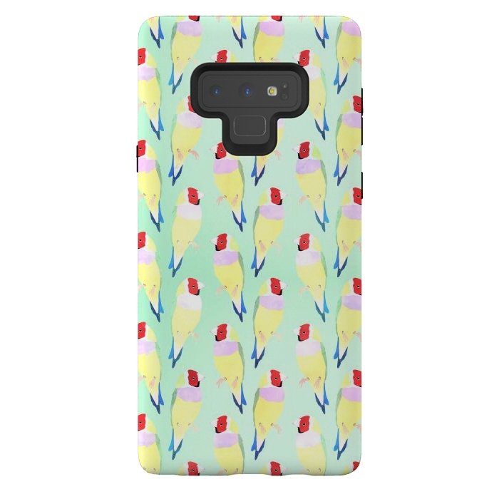 Galaxy Note 9 StrongFit Cute Watercolor rainbow finch bird Mint Pattern by InovArts