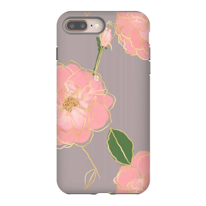 iPhone 7 plus StrongFit Elegant Pink & Gold Watercolor Roses Gray Design by InovArts