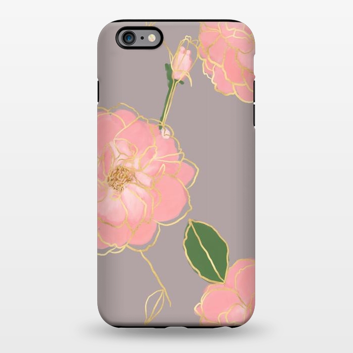 iPhone 6/6s plus StrongFit Elegant Pink & Gold Watercolor Roses Gray Design by InovArts