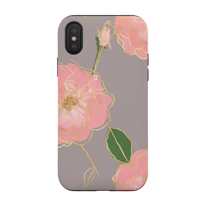 iPhone Xs / X StrongFit Elegant Pink & Gold Watercolor Roses Gray Design by InovArts