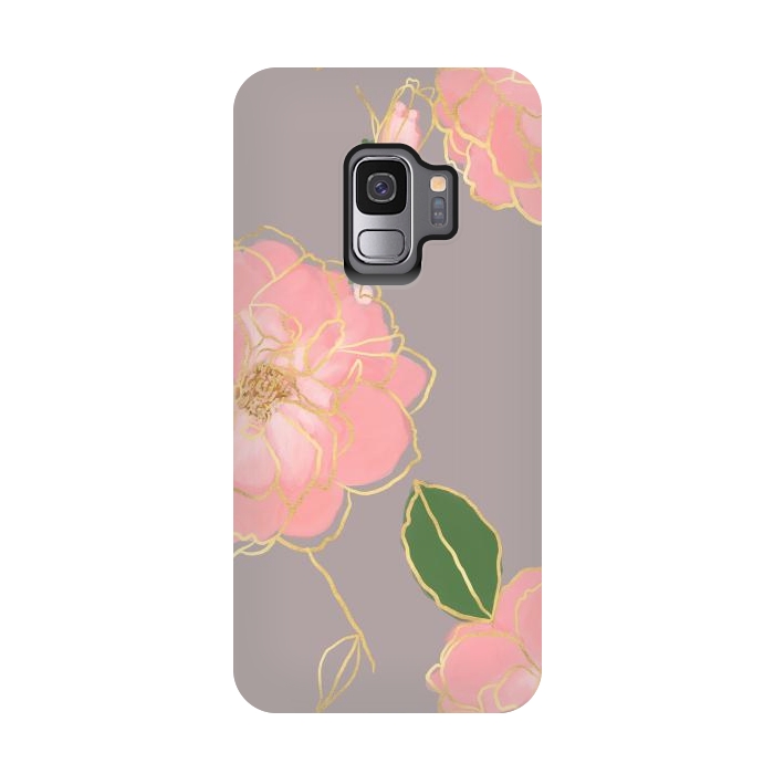 Galaxy S9 StrongFit Elegant Pink & Gold Watercolor Roses Gray Design by InovArts