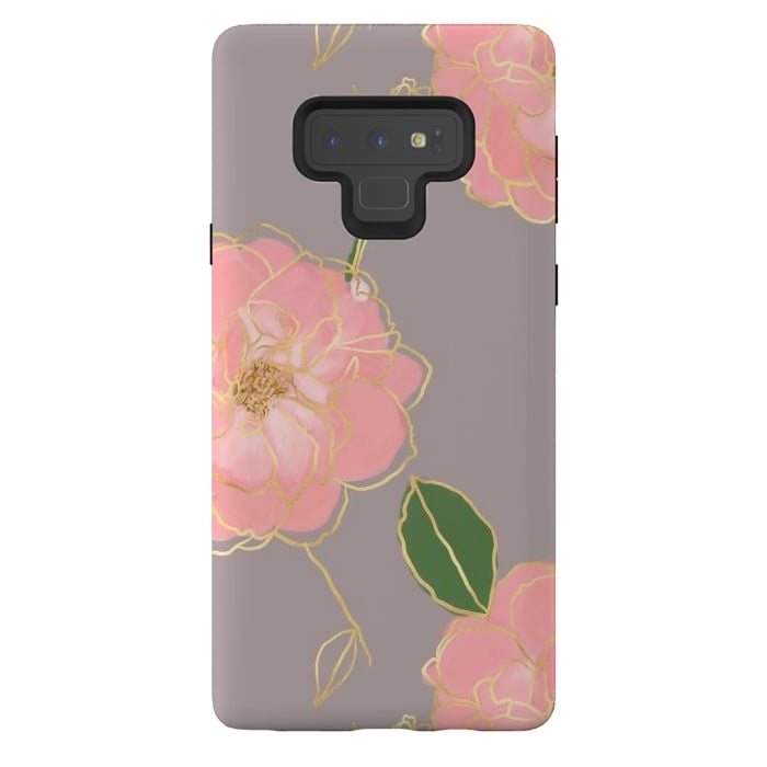 Galaxy Note 9 StrongFit Elegant Pink & Gold Watercolor Roses Gray Design by InovArts