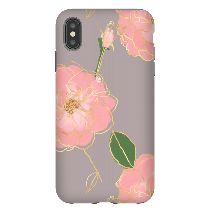 iPhone Xs Max StrongFit Elegant Pink & Gold Watercolor Roses Gray Design by InovArts