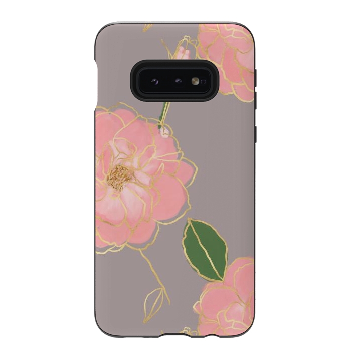 Galaxy S10e StrongFit Elegant Pink & Gold Watercolor Roses Gray Design by InovArts