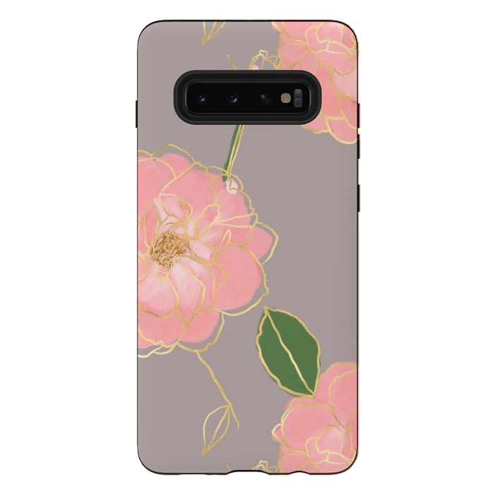 Galaxy S10 plus StrongFit Elegant Pink & Gold Watercolor Roses Gray Design by InovArts