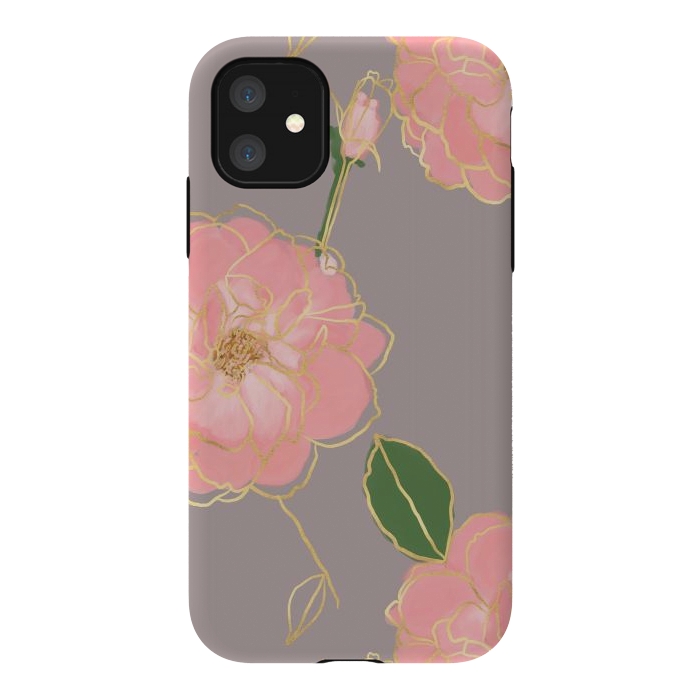 iPhone 11 StrongFit Elegant Pink & Gold Watercolor Roses Gray Design by InovArts