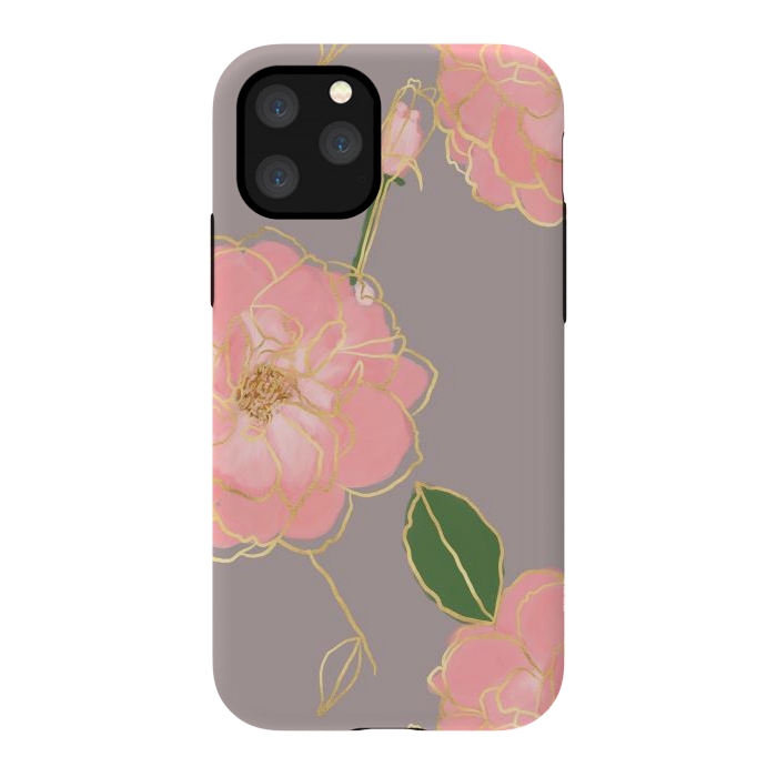 iPhone 11 Pro StrongFit Elegant Pink & Gold Watercolor Roses Gray Design by InovArts