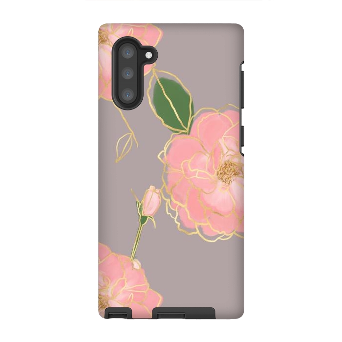 Galaxy Note 10 StrongFit Elegant Pink & Gold Watercolor Roses Gray Design by InovArts