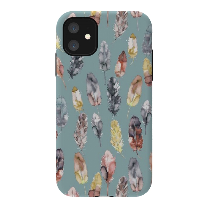 iPhone 11 StrongFit Boho Feathers Watercolor Yellow by Ninola Design