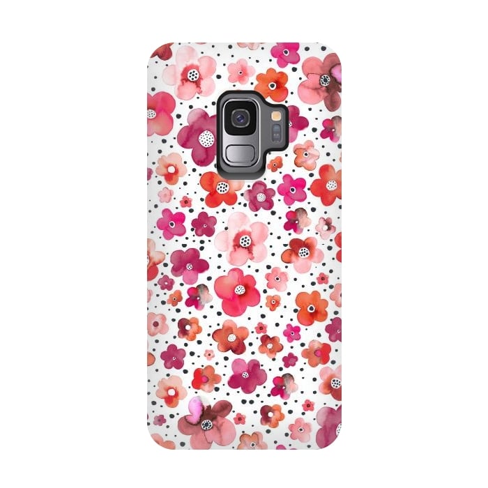 Galaxy S9 StrongFit Beautiful Naive Coral Flowers Dots by Ninola Design