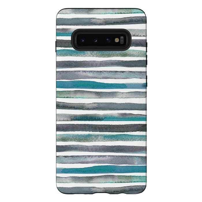 Galaxy S10 plus StrongFit Watercolor Stripes and Lines Blue Aqua by Ninola Design