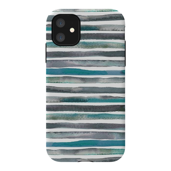 iPhone 11 StrongFit Watercolor Stripes and Lines Blue Aqua by Ninola Design