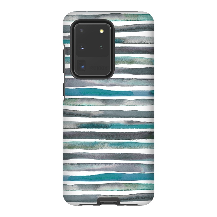Galaxy S20 Ultra StrongFit Watercolor Stripes and Lines Blue Aqua by Ninola Design