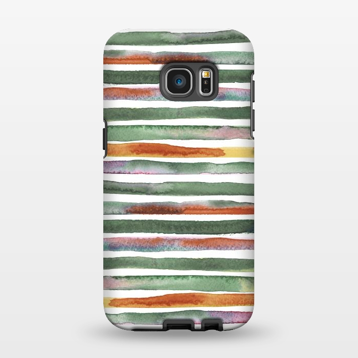 Galaxy S7 EDGE StrongFit Watercolor Stripes and Lines Green Orange by Ninola Design