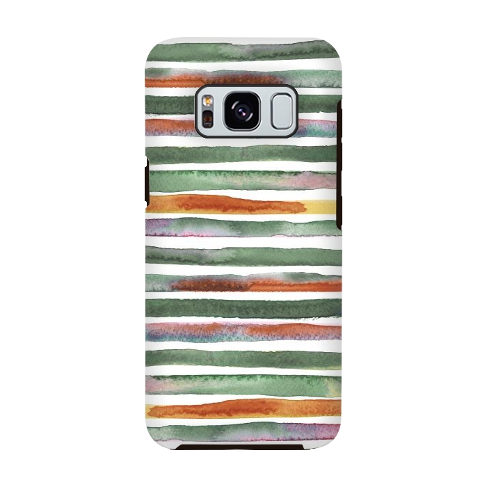 Galaxy S8 StrongFit Watercolor Stripes and Lines Green Orange by Ninola Design