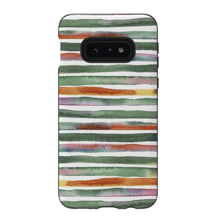 Galaxy S10e StrongFit Watercolor Stripes and Lines Green Orange by Ninola Design