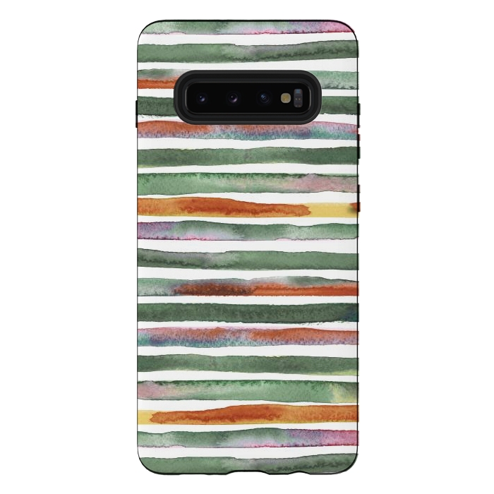 Galaxy S10 plus StrongFit Watercolor Stripes and Lines Green Orange by Ninola Design