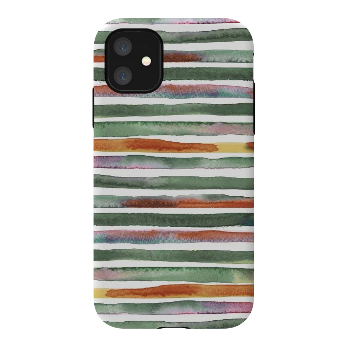 iPhone 11 StrongFit Watercolor Stripes and Lines Green Orange by Ninola Design