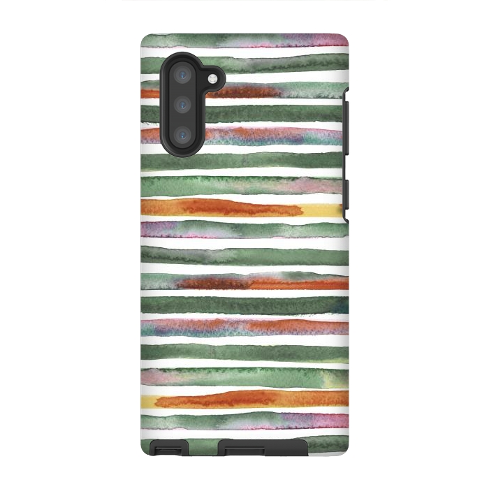 Galaxy Note 10 StrongFit Watercolor Stripes and Lines Green Orange by Ninola Design