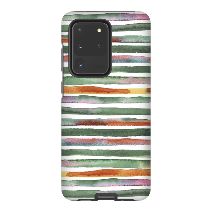 Galaxy S20 Ultra StrongFit Watercolor Stripes and Lines Green Orange by Ninola Design