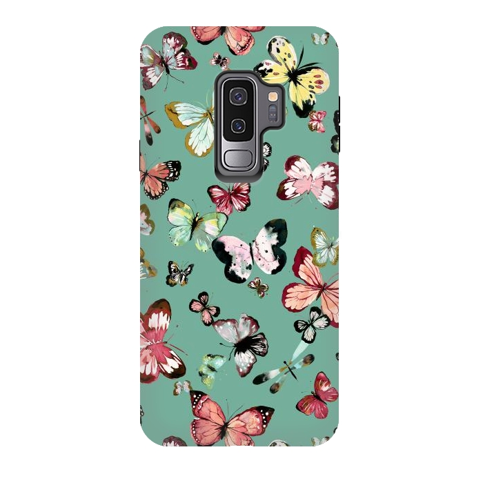 Galaxy S9 plus StrongFit Flying Butterflies Watercolor Teal by Ninola Design