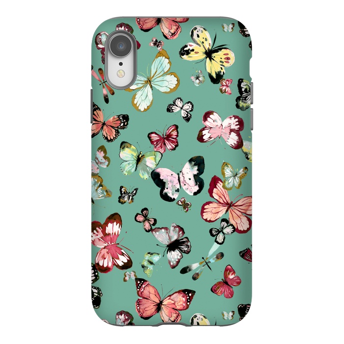 iPhone Xr StrongFit Flying Butterflies Watercolor Teal by Ninola Design