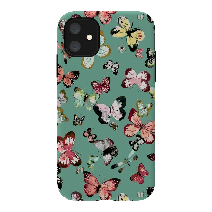 iPhone 11 StrongFit Flying Butterflies Watercolor Teal by Ninola Design